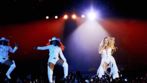 Beyoncé performs with dancers on the opening night of her Cowboy Carter Tour at SoFi Stadium in Inglewood, Calif., April 28, 2025. (The New York Times)