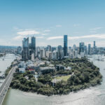 Skyscrapers in Brisbane city centre photographed on a sunny day from an aerial point of view, Queensland, Australia