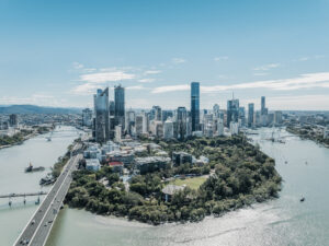 Skyscrapers in Brisbane city centre photographed on a sunny day from an aerial point of view, Queensland, Australia