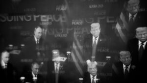 A broadcast of President Donald Trump and President Vladimir Putin of Russia meet at Joint Base Elmendorf-Richardson in Anchorage, Alaska, on Friday, Aug. 15, 2025. (Ioulex/The New York Times)