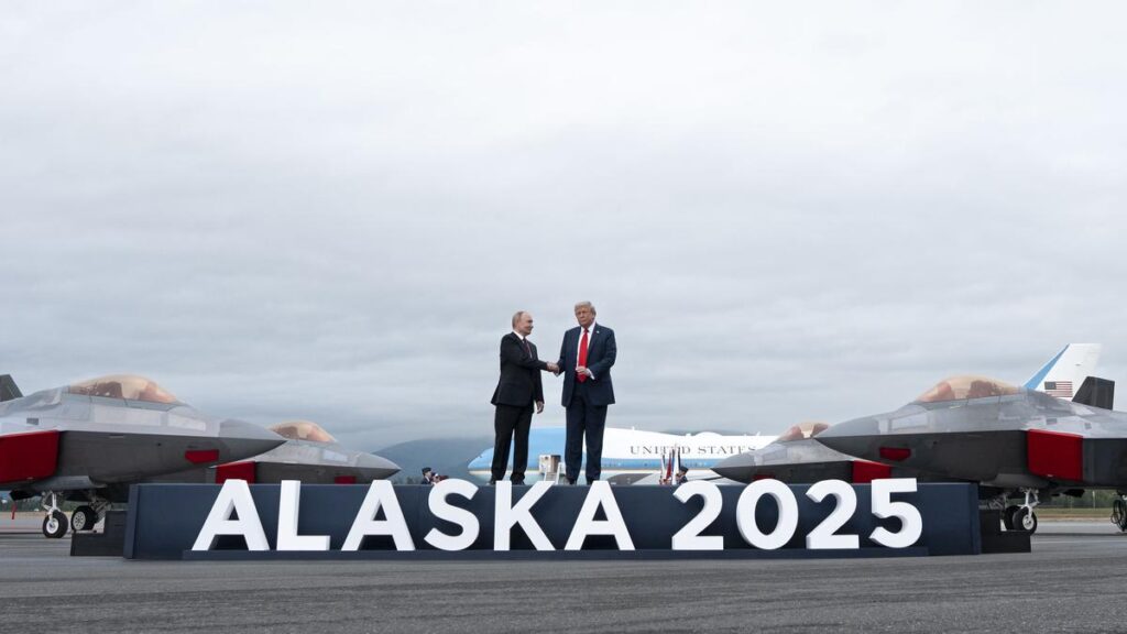 President Donald Trump and President Vladimir Putin of Russia shake hands as the met at Joint Base Elmendorf-Richardson in Anchorage, Alaska, on Friday, Aug. 15, 2025. (Doug Mills/The New York Times)