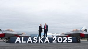 President Donald Trump and President Vladimir Putin of Russia shake hands as the met at Joint Base Elmendorf-Richardson in Anchorage, Alaska, on Friday, Aug. 15, 2025. (Doug Mills/The New York Times)