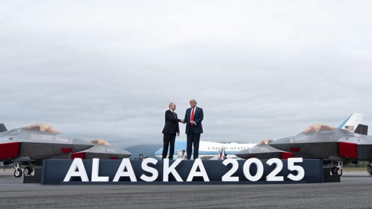 President Donald Trump and President Vladimir Putin of Russia shake hands as the met at Joint Base Elmendorf-Richardson in Anchorage, Alaska, on Friday, Aug. 15, 2025. (Doug Mills/The New York Times)
