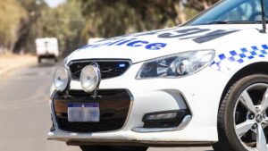 Police car blocks a road in Kalgoorlie. Picture: Tom Zaunmayr.