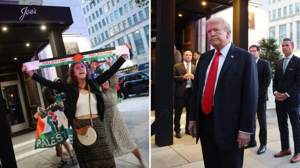 protesters-confront-trump-during-dinner-at-joe-s-seafood