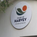 The Shire of Harvey logo on the council building in Australind.