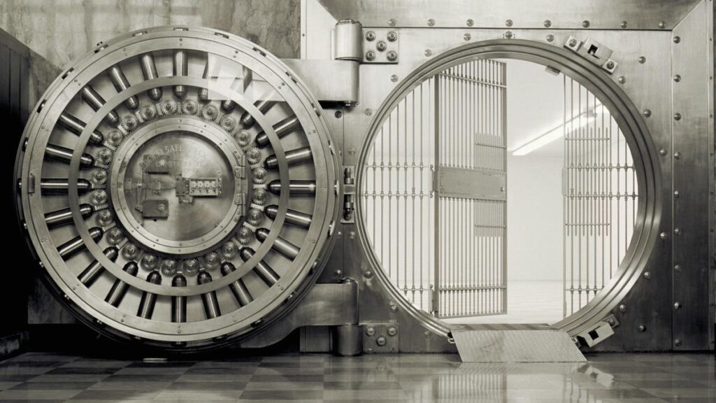 Bank vault with open door & grill (B&W)
