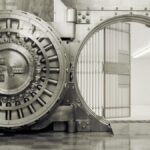 Bank vault with open door & grill (B&W)