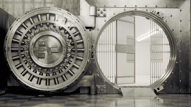 Bank vault with open door & grill (B&W)