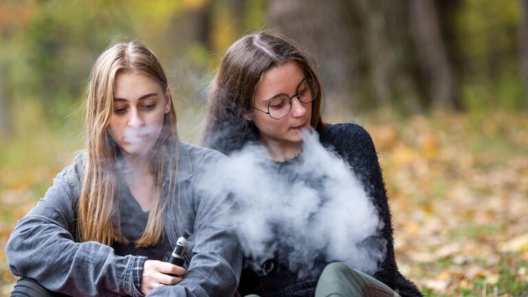 Vape lgbt teenagers. Bisexual lesbian young caucasian teenage girls in casual clothes vape electronic cigarette on the street in the park in the autumn evening. Bad habit.