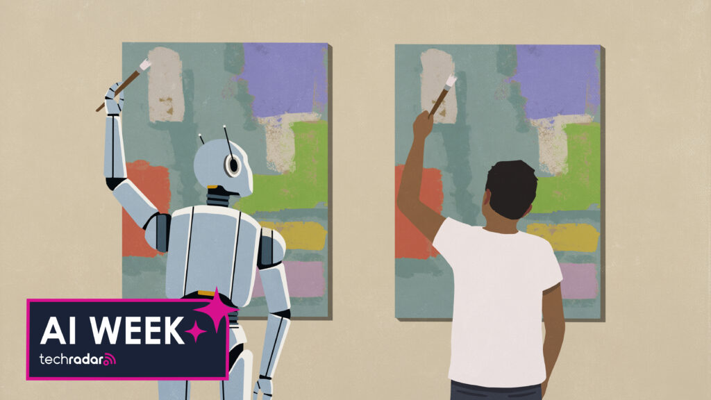 Humanoid robot painting same artwork as man