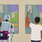 Humanoid robot painting same artwork as man