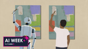 Humanoid robot painting same artwork as man