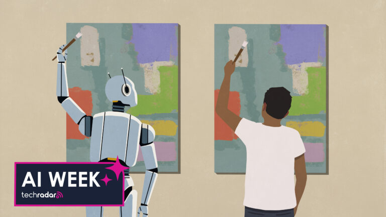 Humanoid robot painting same artwork as man