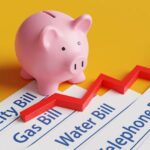 Pink piggy bank, piles of utility bills and a red upward arrow on a yellow background. Illustration of the concept of household expenses and increasing cost of living