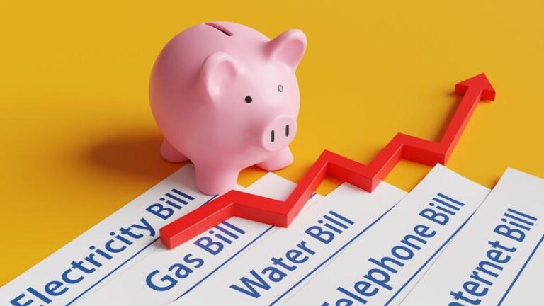 Pink piggy bank, piles of utility bills and a red upward arrow on a yellow background. Illustration of the concept of household expenses and increasing cost of living