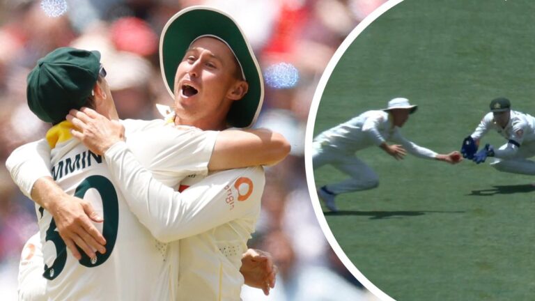 Marnus Labuschagne celebrates his superb catch.