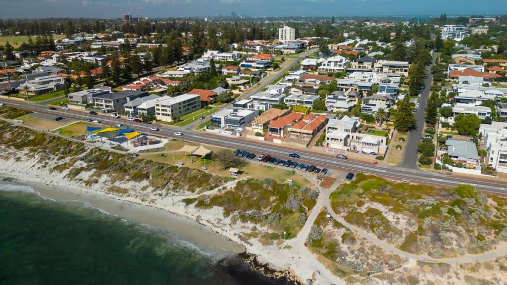 Aerial view of contemporary houses in the coastal suburb of Cottesloe in Perth, Australia