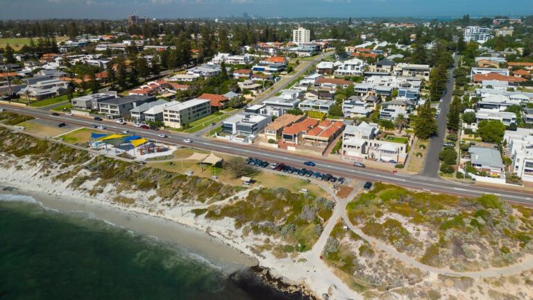 Aerial view of contemporary houses in the coastal suburb of Cottesloe in Perth, Australia
