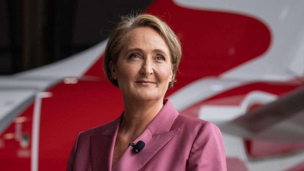 Qantas Group chief executive Vanessa Hudson presents the airline