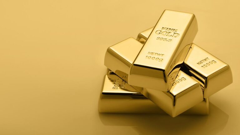 Gold bullion stack. Set of gold bars.