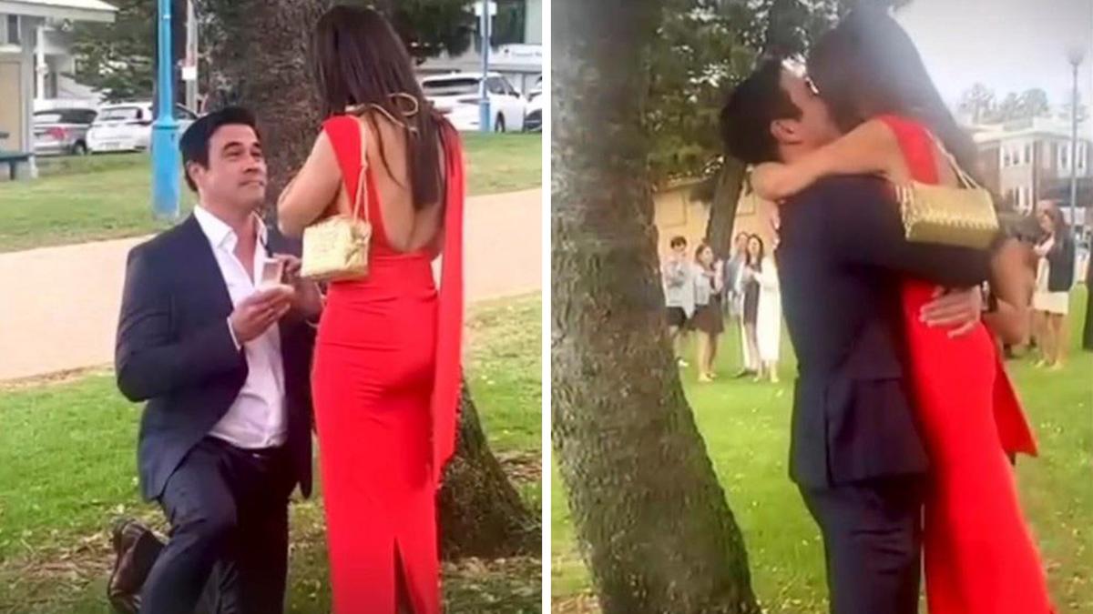 James Stewart gets down on one knee and proposes to Ada Nicodemou.